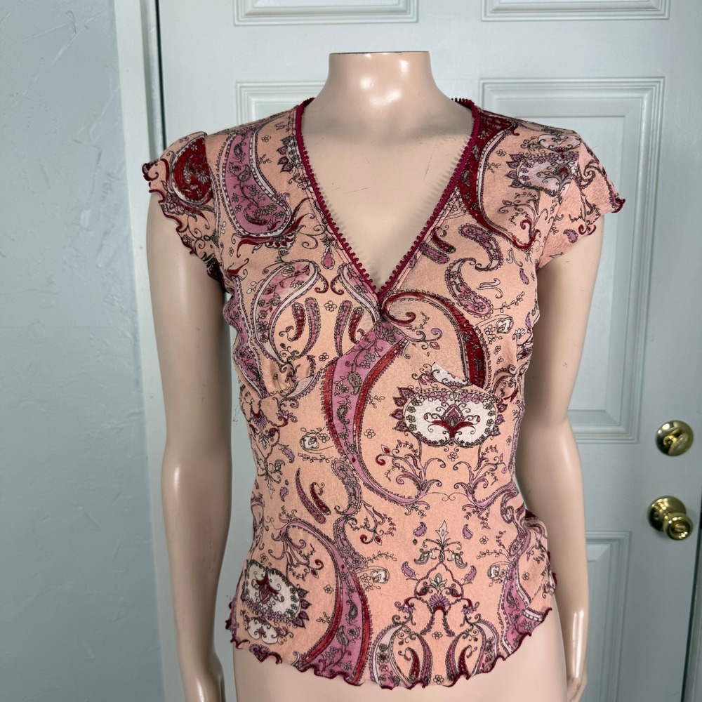 Vintage Y2K Self Esteem Shirt M V neck Baby Short sleeve T-shirt Paisley Lace I1